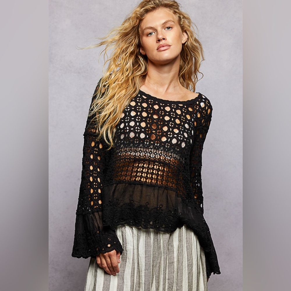 PT28 New POL Black Crochet Knit Top
